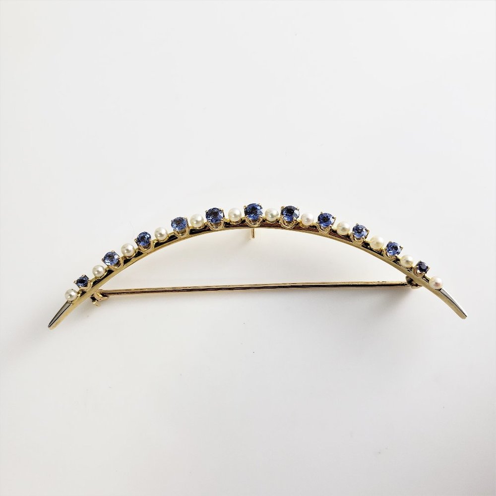 Vintage 14K Yellow Gold Blue Zircon & Pearl Crescent Moon Brooch/Pin GAI #8756